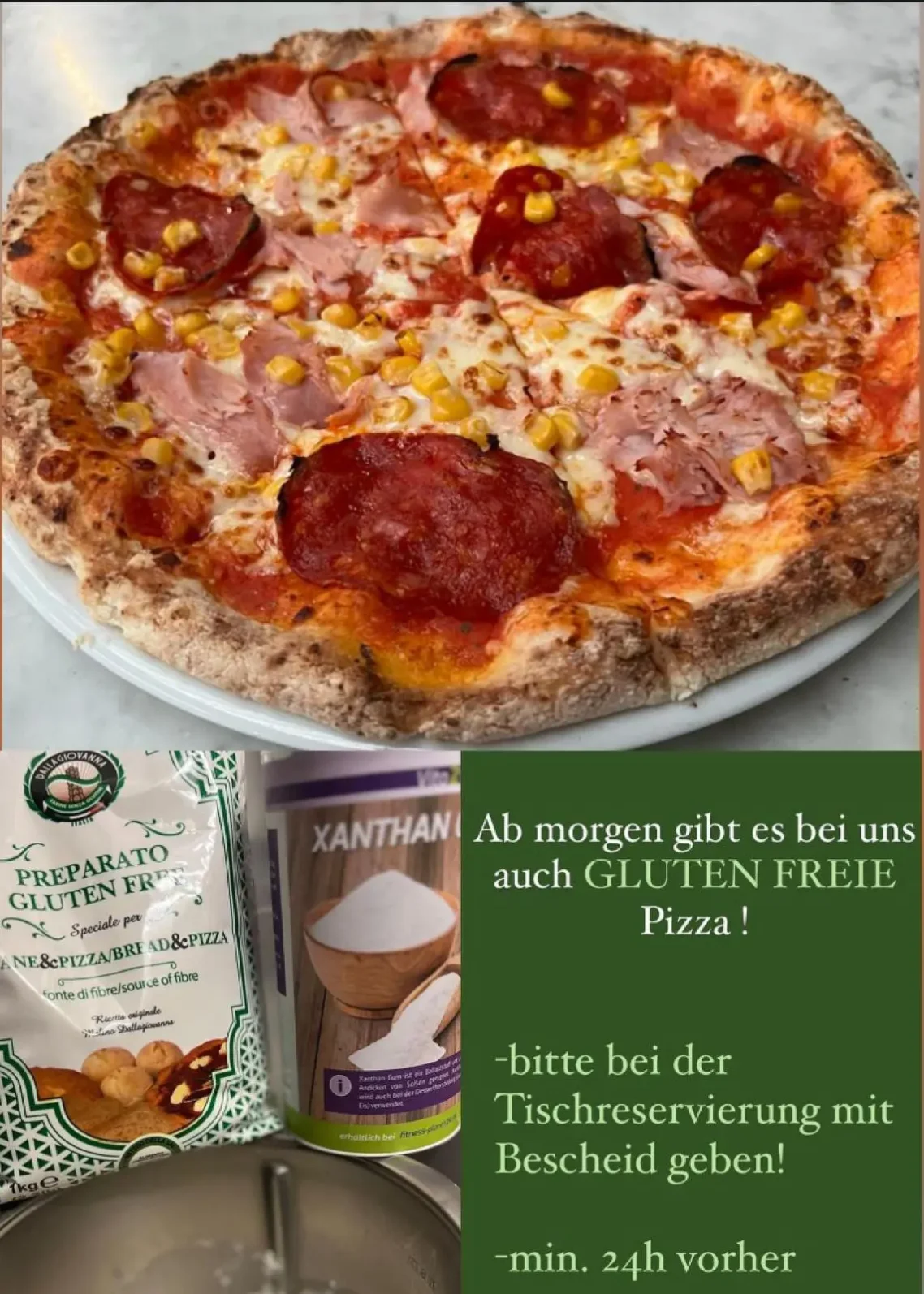 Glutenfreie Pizza mit herzhaftem Belag Glutenfreie Pizza mit Salami, Parmaschinken und geschmolzenem Käse frisch gebacken